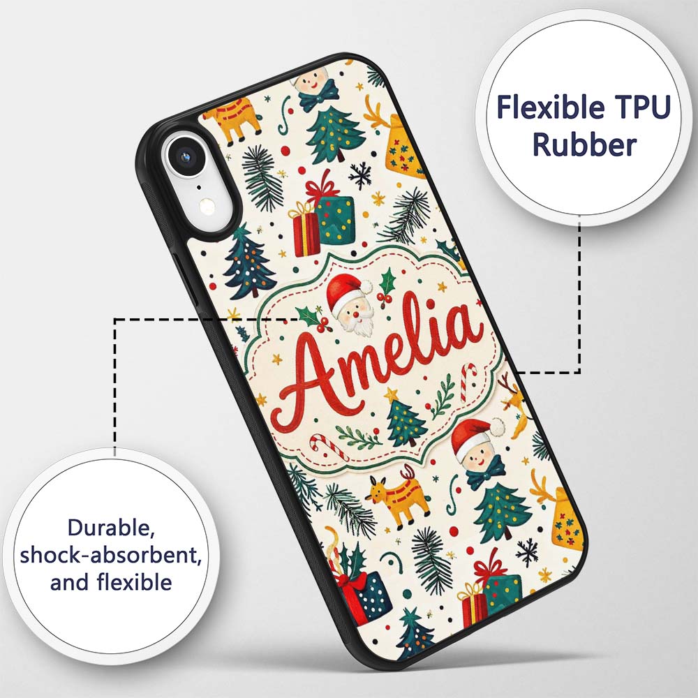 Cute Santa Reindeer Gifts Pine Branch Festive Custom Name Protective Phone Case Mobile Cover Durable Everyday Smartphone Shock Resistant