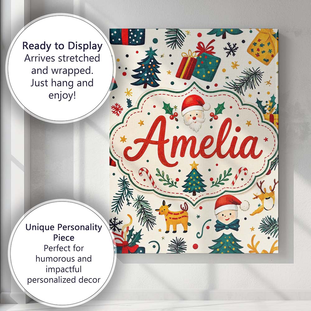 Personalised Name Cute Santa Reindeer Gifts Custom  Bespoke Interior Contemporary Canvas Wall Art Print Decor Picture Ready to Hang