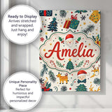 Personalised Name Cute Santa Reindeer Gifts Custom  Bespoke Interior Contemporary Canvas Wall Art Print Decor Picture Ready to Hang