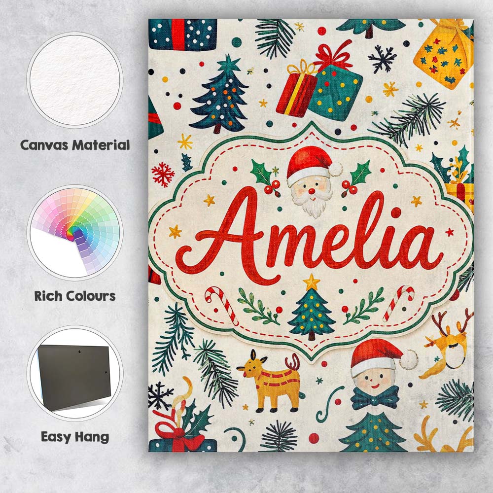 Personalised Name Cute Santa Reindeer Gifts Custom  Bespoke Interior Contemporary Canvas Wall Art Print Decor Picture Ready to Hang
