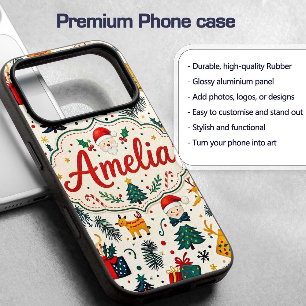 Cute Santa Reindeer Gifts Pine Branch Festive Custom Name Protective Phone Case Mobile Cover Durable Everyday Smartphone Shock Resistant
