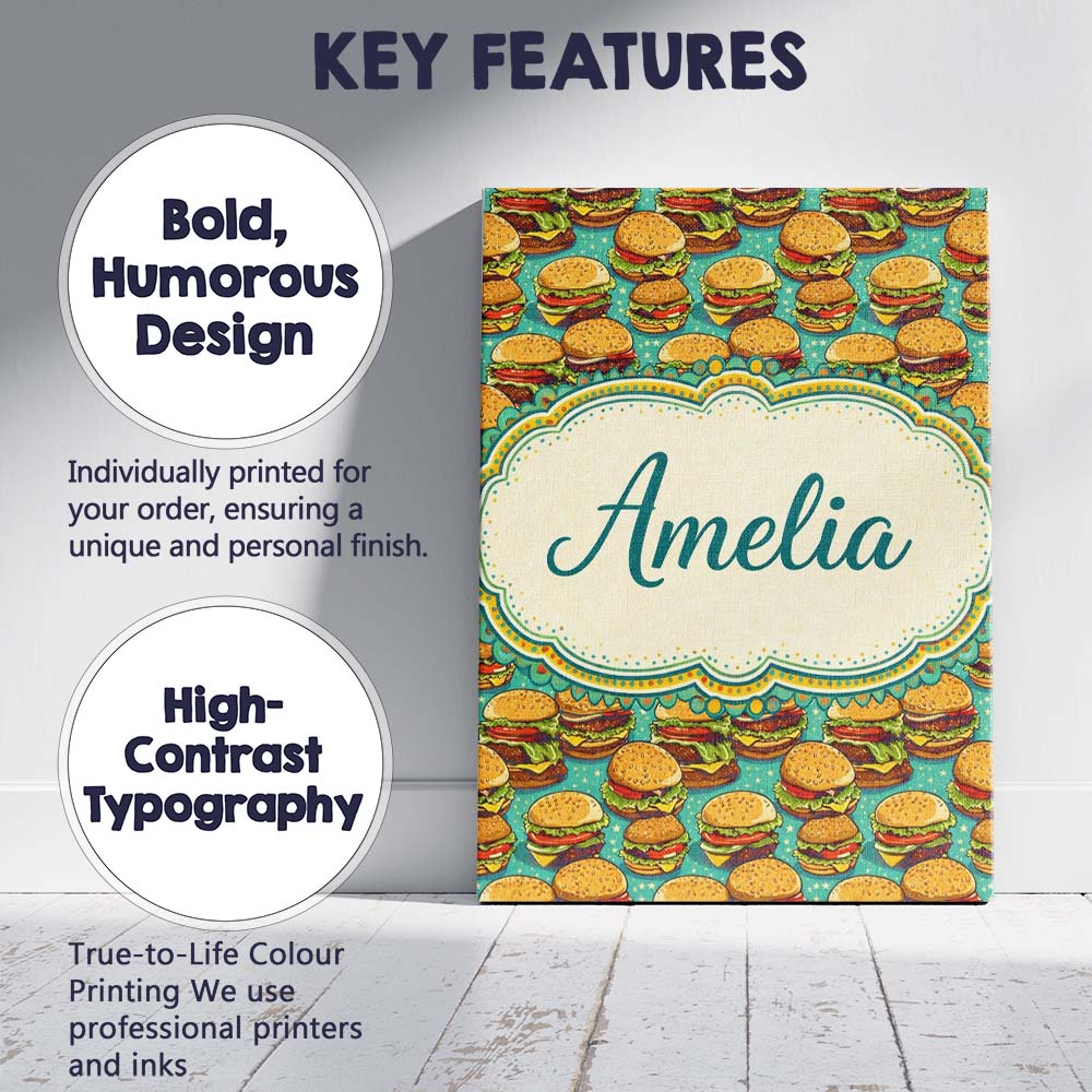 Personalised Name Cartoon Cheeseburger Teal Star Background Fast Custom  Interior Canvas Wall Art Print Decor Picture Ready to Hang