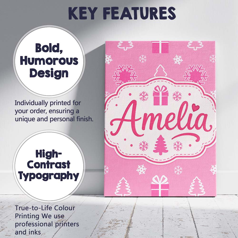 Personalised Name Pink Christmas Snowflakes Custom  Bespoke Interior Contemporary Canvas Wall Art Print Decor Picture Ready to Hang