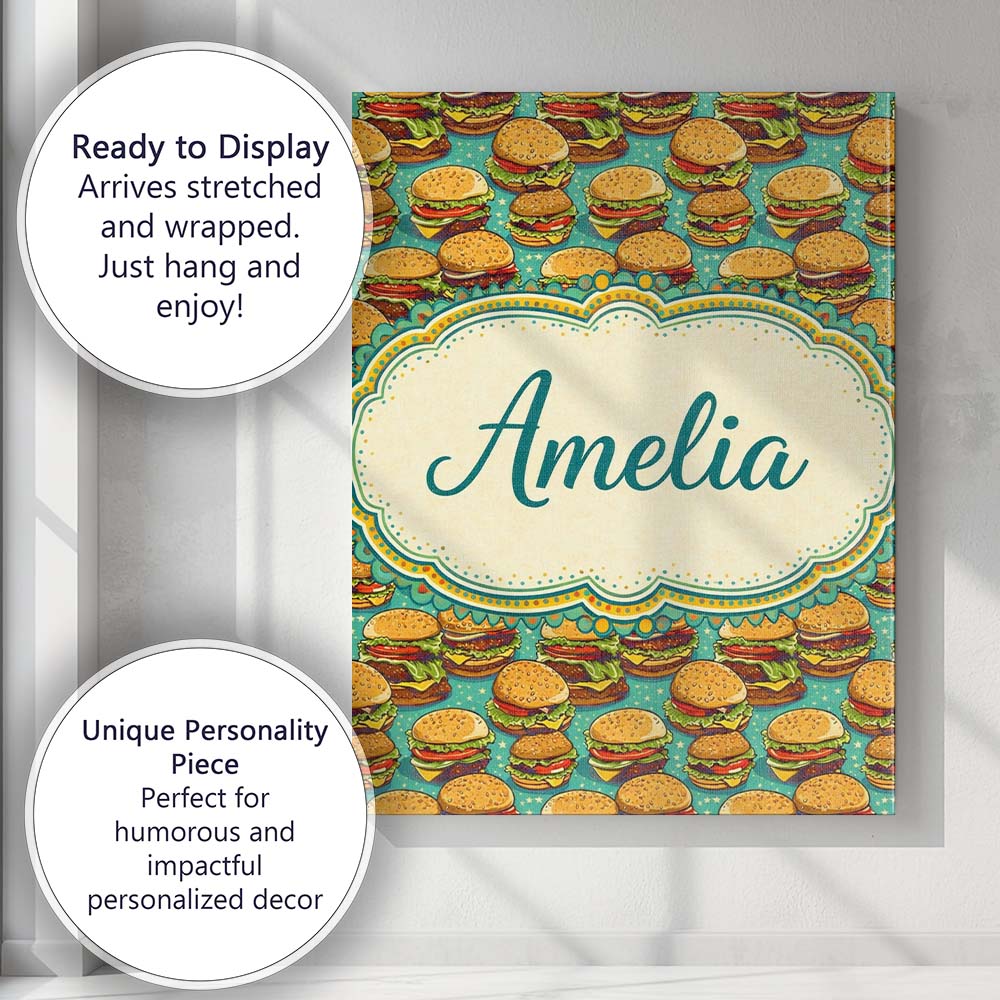 Personalised Name Cartoon Cheeseburger Teal Star Background Fast Custom  Interior Canvas Wall Art Print Decor Picture Ready to Hang