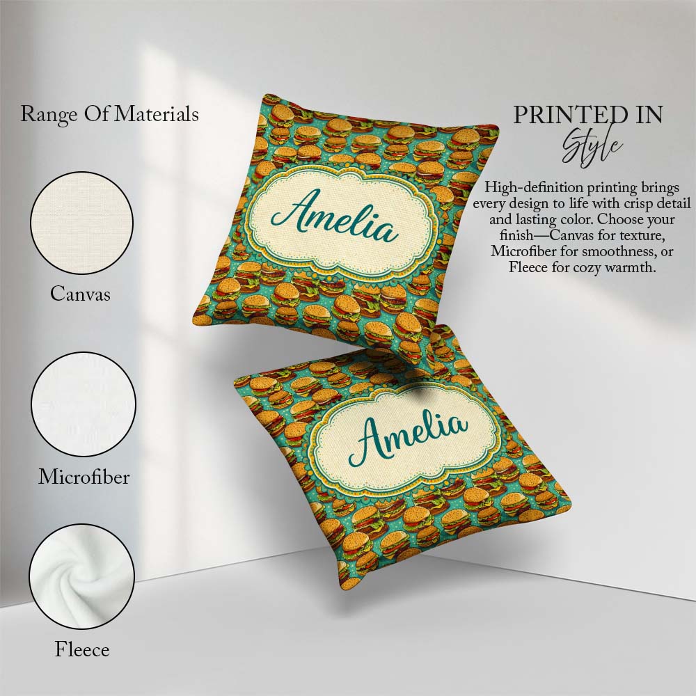 Custom Name Cartoon Teal Star Background Fast Food Design Lovely Square Filled Cushion Throw Pillow Sofa Bed Home Decor Zip Washable UK Made