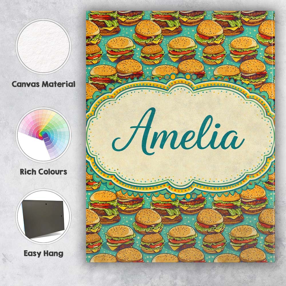 Personalised Name Cartoon Cheeseburger Teal Star Background Fast Custom  Interior Canvas Wall Art Print Decor Picture Ready to Hang