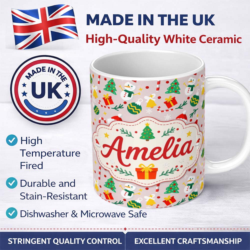 Personalized Custom Name Cute Snowman Christmas Tree Bauble Gift Seamless Pattern Lovely 11oz Ceramic Coffee Tea Mug White Large Handle