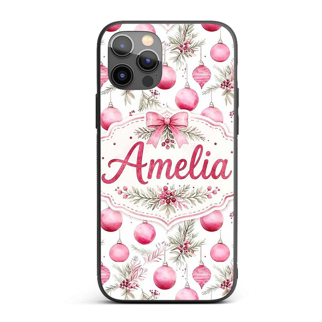 Watercolor Pink Christmas Baubles Pine Leave Custom Name Protective Phone Case Mobile Cover Durable Everyday Smartphone Shock Resistant