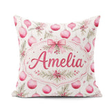 Custom Name Watercolor Pink Christmas Baubles Pine Leave Pattern Square Filled Cushion Throw Pillow Sofa Bed Home Decor Zip Washable UK Made