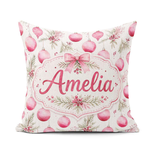 Custom Name Watercolor Pink Christmas Baubles Pine Leave Pattern Square Filled Cushion Throw Pillow Sofa Bed Home Decor Zip Washable UK Made