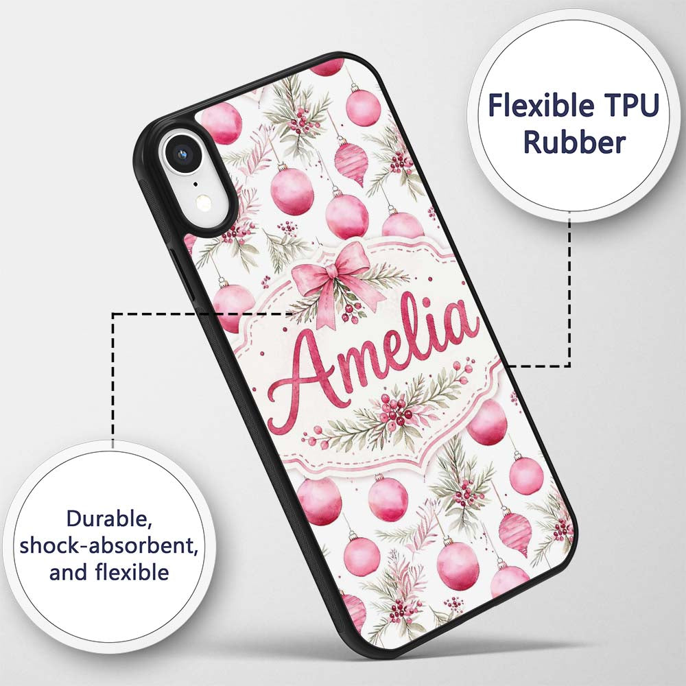 Watercolor Pink Christmas Baubles Pine Leave Custom Name Protective Phone Case Mobile Cover Durable Everyday Smartphone Shock Resistant