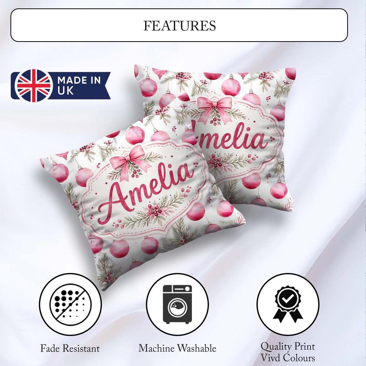 Custom Name Watercolor Pink Christmas Baubles Pine Leave Pattern Square Filled Cushion Throw Pillow Sofa Bed Home Decor Zip Washable UK Made