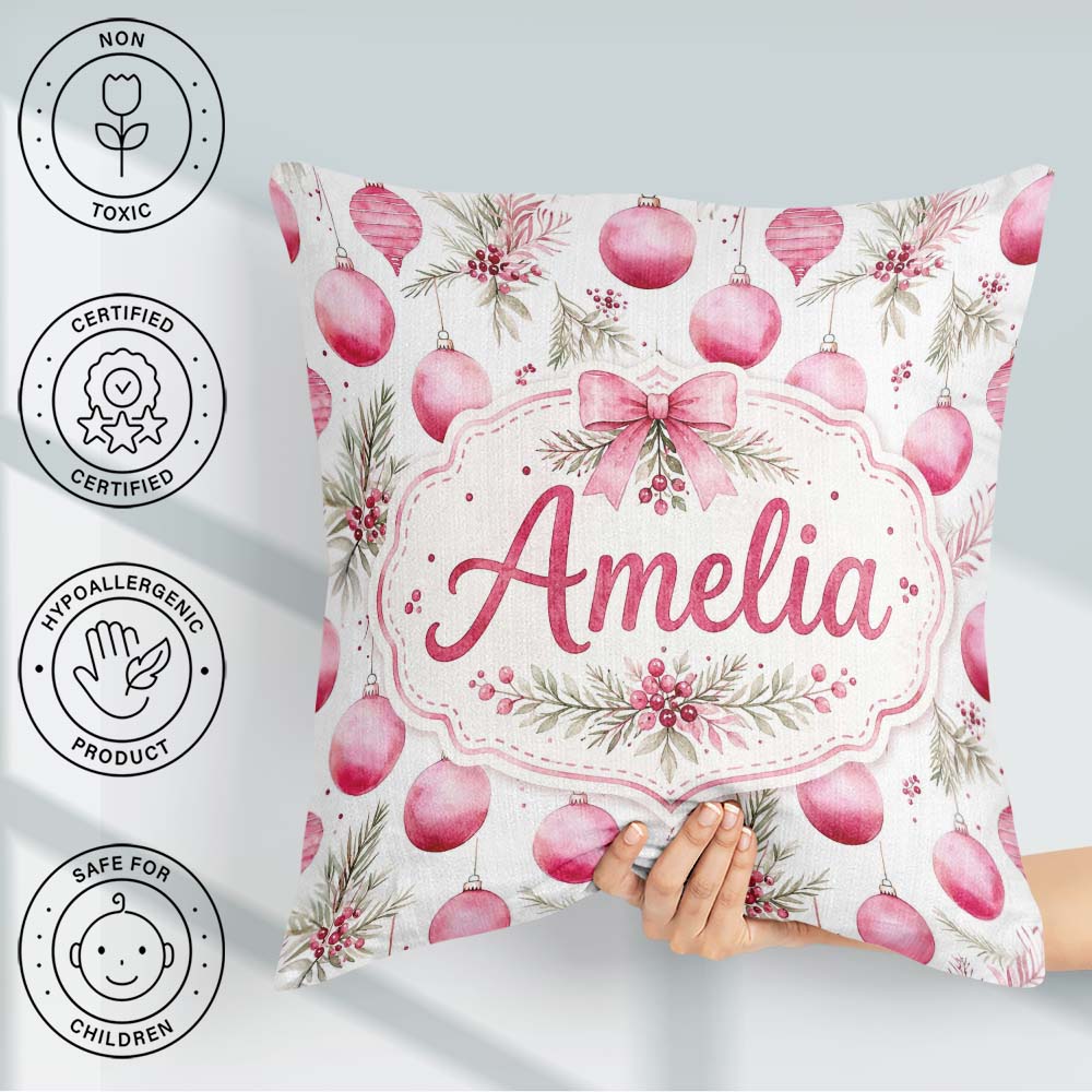 Custom Name Watercolor Pink Christmas Baubles Pine Leave Pattern Square Filled Cushion Throw Pillow Sofa Bed Home Decor Zip Washable UK Made