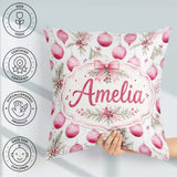 Custom Name Watercolor Pink Christmas Baubles Pine Leave Pattern Square Filled Cushion Throw Pillow Sofa Bed Home Decor Zip Washable UK Made