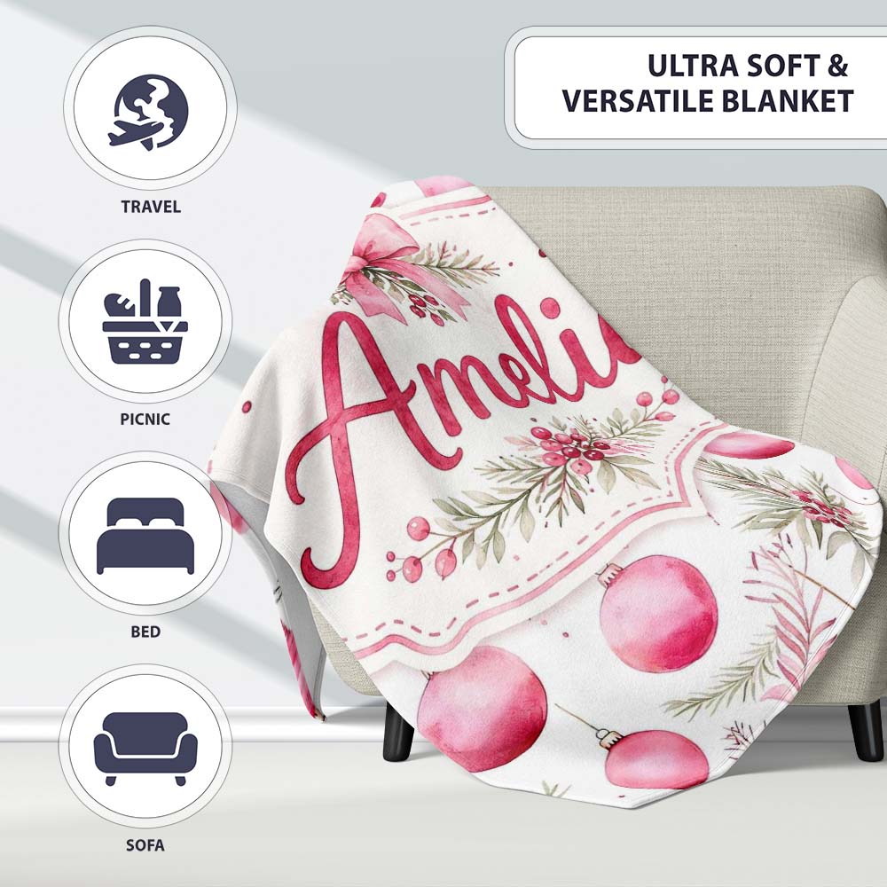 Watercolor Pink Christmas Baubles Pine Leave Seamless Pattern  Personalised Custom Name Super Soft Fleece Blanket Bed Sofa Throw