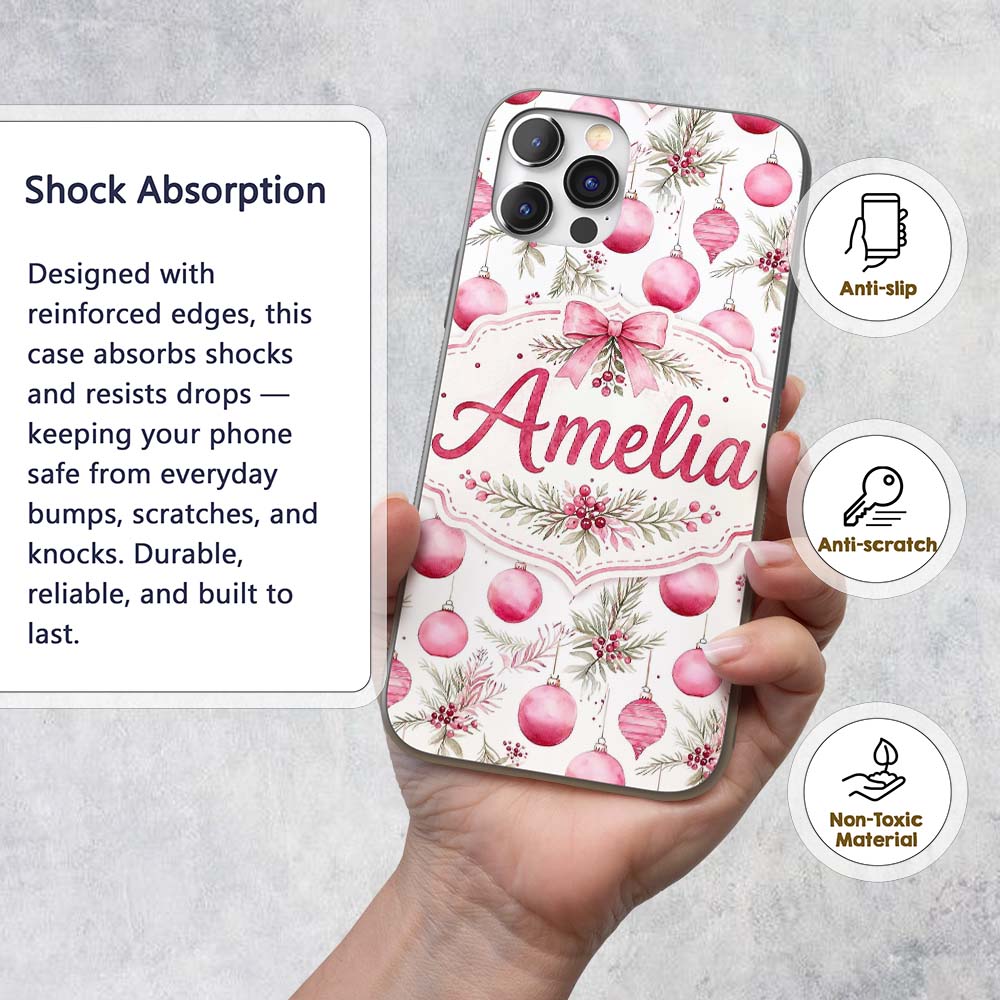 Watercolor Pink Christmas Baubles Pine Leave Custom Name Protective Phone Case Mobile Cover Durable Everyday Smartphone Shock Resistant