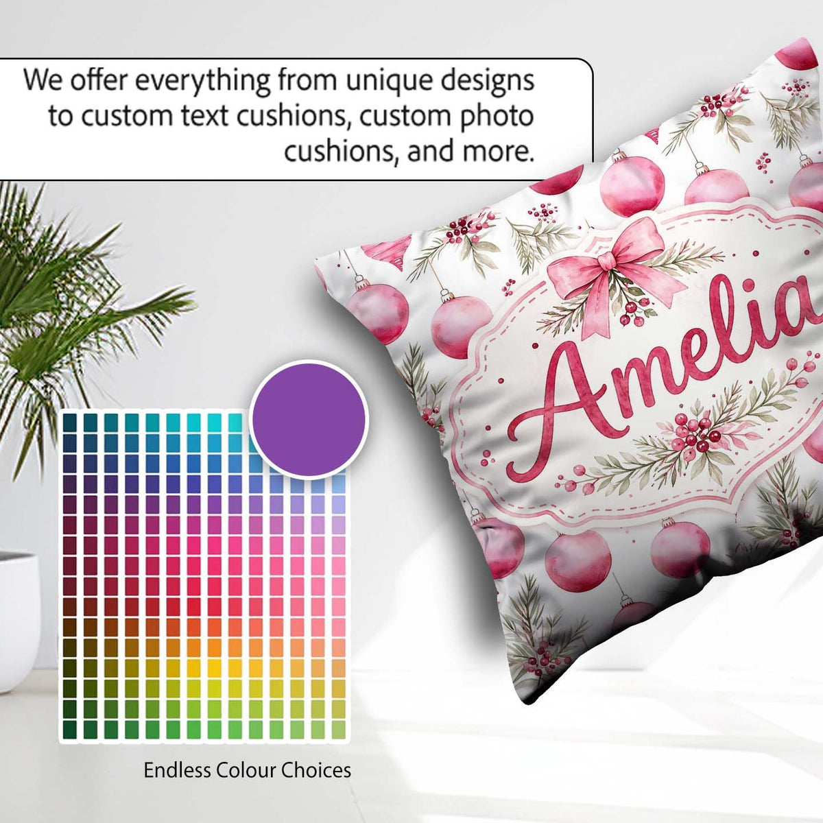 Custom Name Watercolor Pink Christmas Baubles Pine Leave Pattern Square Filled Cushion Throw Pillow Sofa Bed Home Decor Zip Washable UK Made