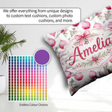 Custom Name Watercolor Pink Christmas Baubles Pine Leave Pattern Square Filled Cushion Throw Pillow Sofa Bed Home Decor Zip Washable UK Made