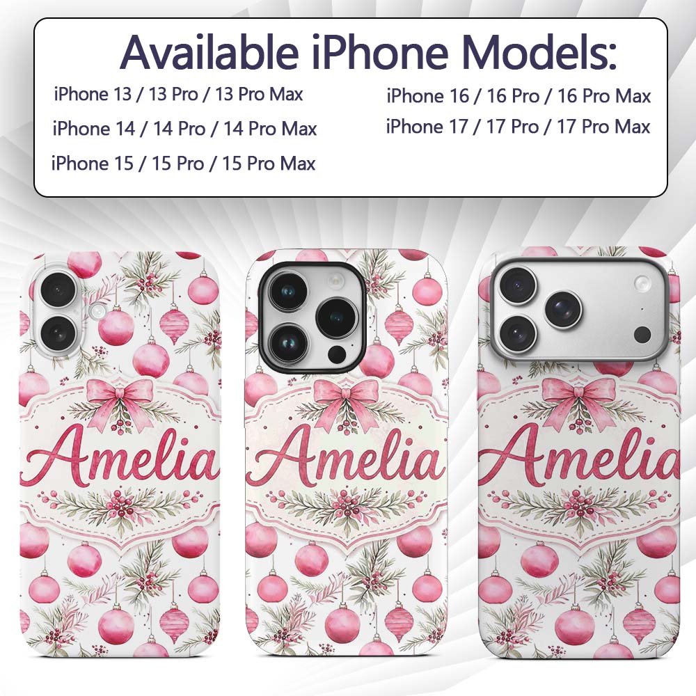 Watercolor Pink Christmas Baubles Pine Leave Custom Name Protective Phone Case Mobile Cover Durable Everyday Smartphone Shock Resistant