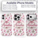 Watercolor Pink Christmas Baubles Pine Leave Custom Name Protective Phone Case Mobile Cover Durable Everyday Smartphone Shock Resistant
