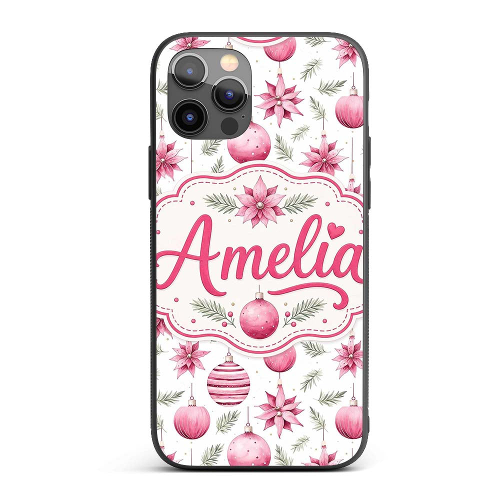 Watercolor Pink Christmas Baubles Poinsettia Custom Name Protective Phone Case Mobile Cover Durable Everyday Smartphone Shock Resistant