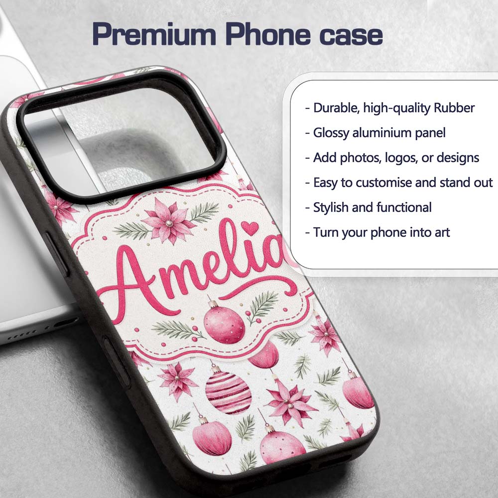 Watercolor Pink Christmas Baubles Poinsettia Custom Name Protective Phone Case Mobile Cover Durable Everyday Smartphone Shock Resistant