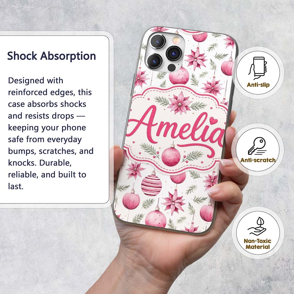 Watercolor Pink Christmas Baubles Poinsettia Custom Name Protective Phone Case Mobile Cover Durable Everyday Smartphone Shock Resistant