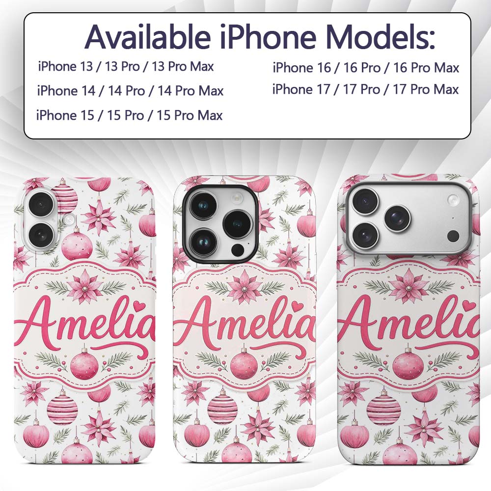 Watercolor Pink Christmas Baubles Poinsettia Custom Name Protective Phone Case Mobile Cover Durable Everyday Smartphone Shock Resistant