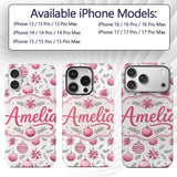 Watercolor Pink Christmas Baubles Poinsettia Custom Name Protective Phone Case Mobile Cover Durable Everyday Smartphone Shock Resistant
