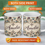 Personalized Custom Name Gold and Black Stylised Venetian Masks in Repeating Pattern Seamless 11oz Ceramic Coffee Tea Mug White Large Handle