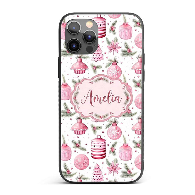 Watercolor Pink Christmas Ornaments Pine Berries Custom Name Protective Phone Case Mobile Cover Durable Everyday Smartphone Shock Resistant