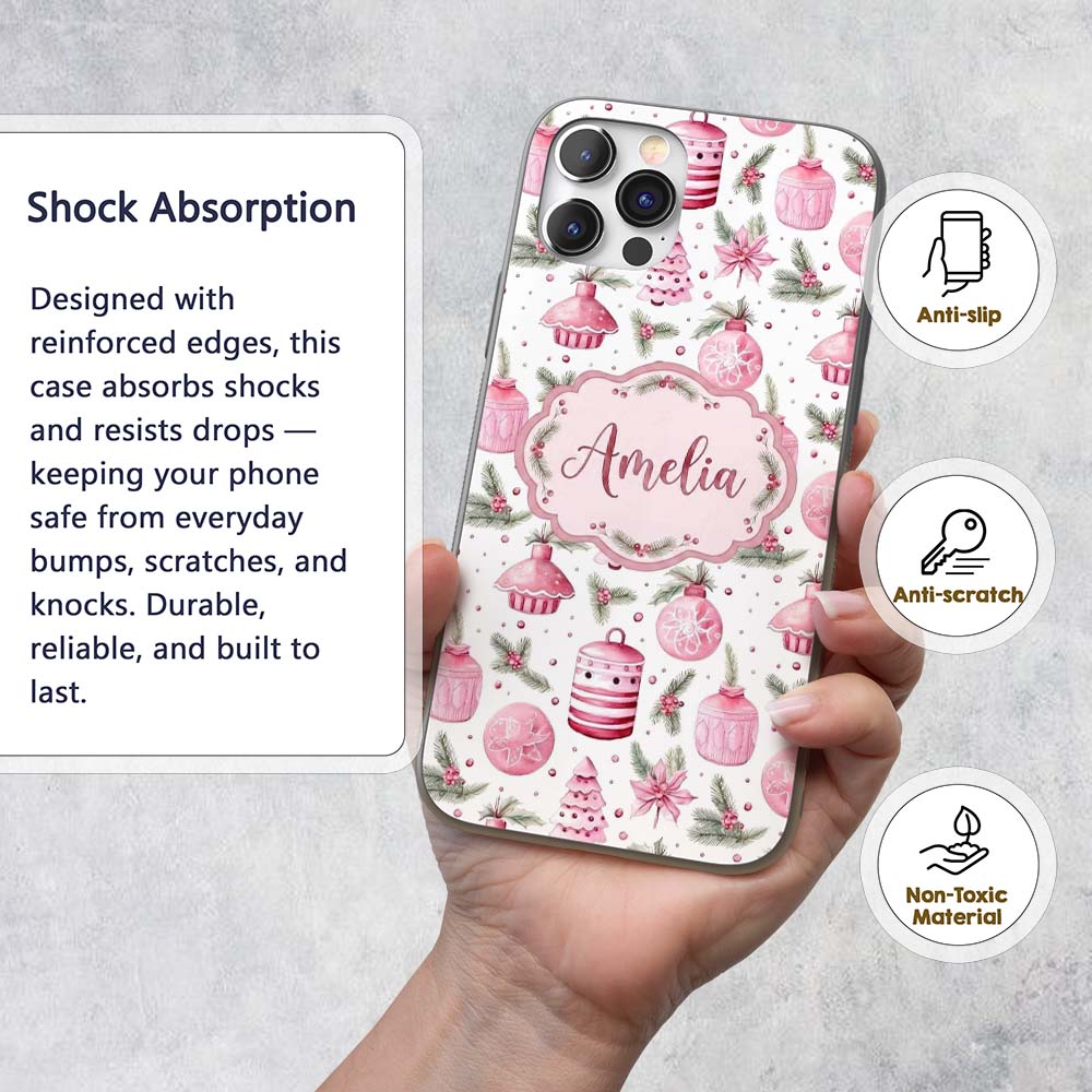 Watercolor Pink Christmas Ornaments Pine Berries Custom Name Protective Phone Case Mobile Cover Durable Everyday Smartphone Shock Resistant