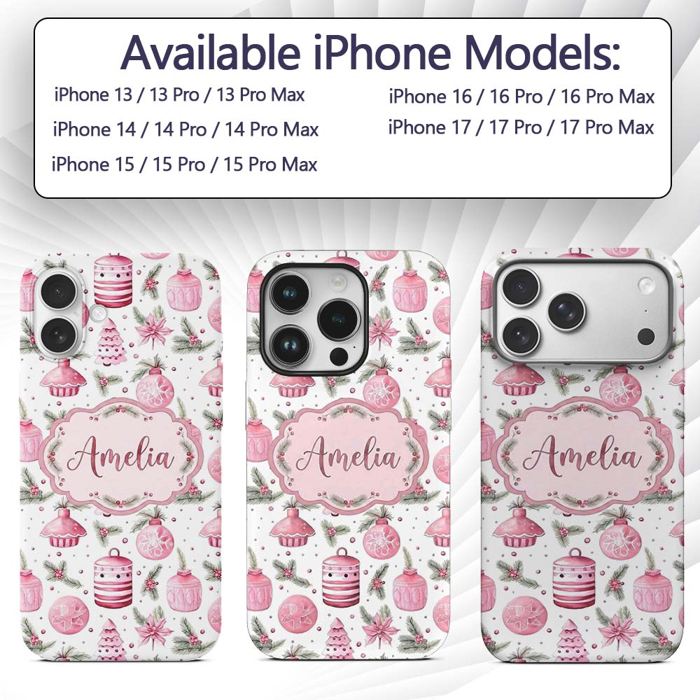 Watercolor Pink Christmas Ornaments Pine Berries Custom Name Protective Phone Case Mobile Cover Durable Everyday Smartphone Shock Resistant