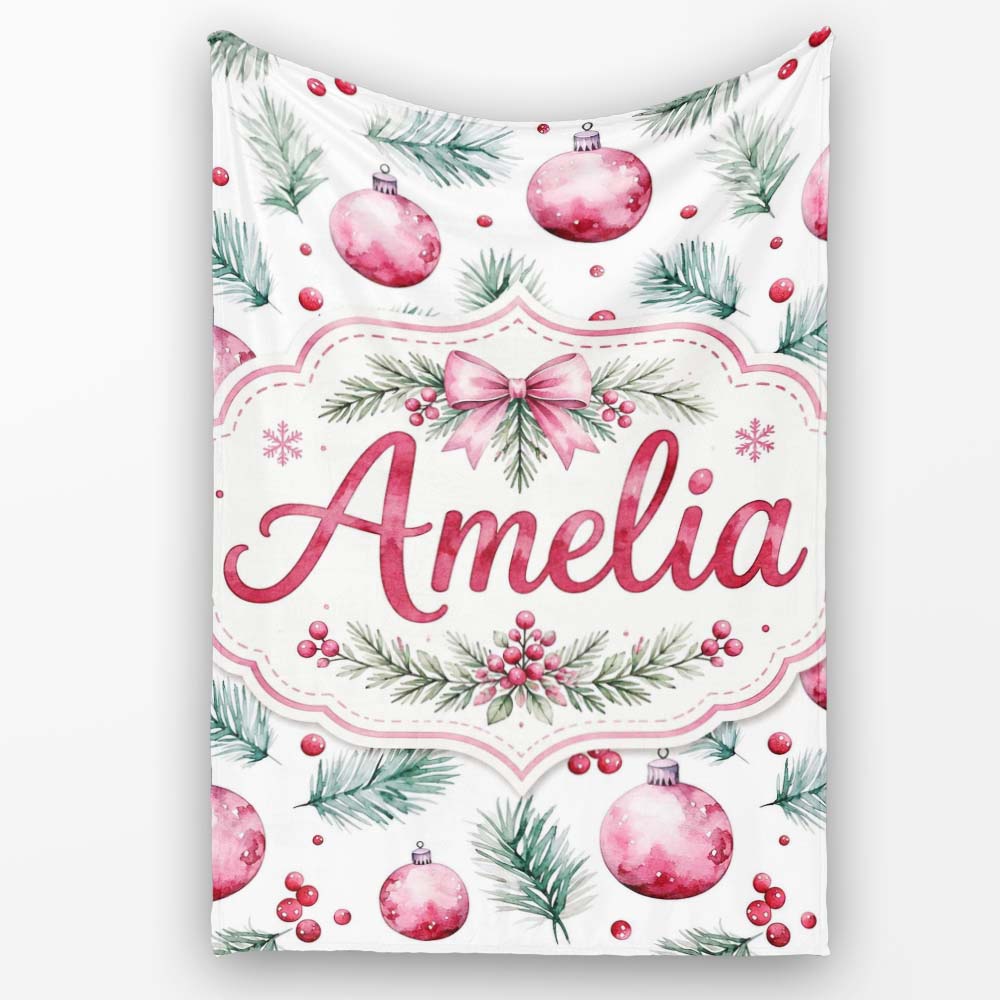 Watercolor Pink Christmas Baubles Pine Branch Berries Seamless  Personalised Custom Name Super Soft Fleece Blanket Bed Sofa Throw