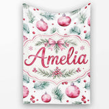 Watercolor Pink Christmas Baubles Pine Branch Berries Seamless  Personalised Custom Name Super Soft Fleece Blanket Bed Sofa Throw