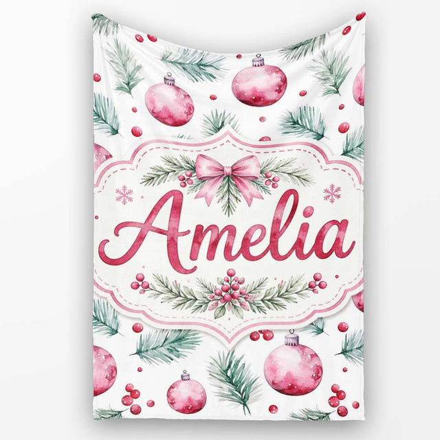 Watercolor Pink Christmas Baubles Pine Branch Berries Seamless  Personalised Custom Name Super Soft Fleece Blanket Bed Sofa Throw
