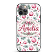 Watercolor Pink Christmas Baubles Pine Branch Custom Name Protective Phone Case Mobile Cover Durable Everyday Smartphone Shock Resistant