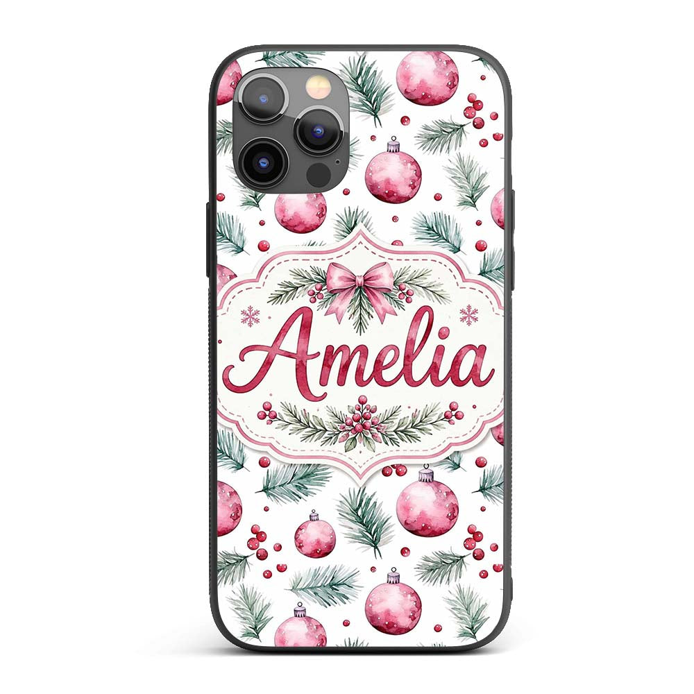 Watercolor Pink Christmas Baubles Pine Branch Custom Name Protective Phone Case Mobile Cover Durable Everyday Smartphone Shock Resistant