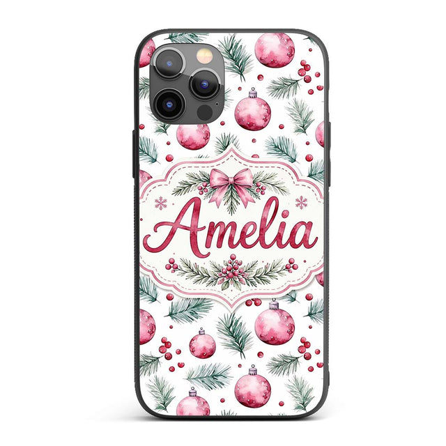 Watercolor Pink Christmas Baubles Pine Branch Custom Name Protective Phone Case Mobile Cover Durable Everyday Smartphone Shock Resistant