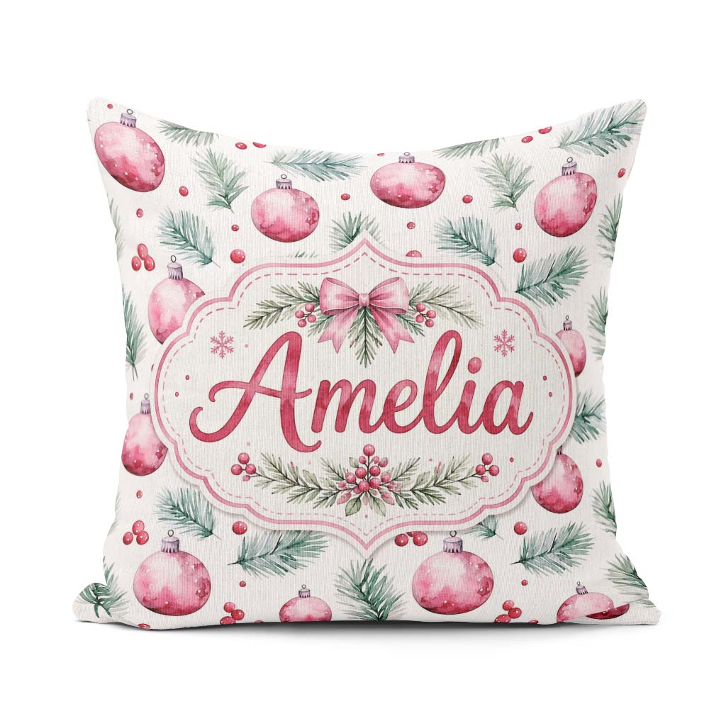 Custom Name Watercolor Pink Baubles Pine Branch Berries Seamless Square Filled Cushion Throw Pillow Sofa Bed Home Decor Zip Washable UK Made