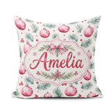 Custom Name Watercolor Pink Baubles Pine Branch Berries Seamless Square Filled Cushion Throw Pillow Sofa Bed Home Decor Zip Washable UK Made