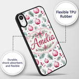 Watercolor Pink Christmas Baubles Pine Branch Custom Name Protective Phone Case Mobile Cover Durable Everyday Smartphone Shock Resistant