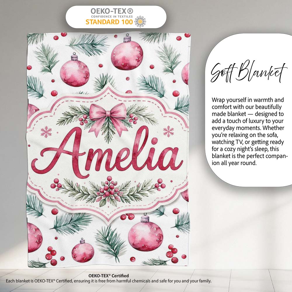 Watercolor Pink Christmas Baubles Pine Branch Berries Seamless  Personalised Custom Name Super Soft Fleece Blanket Bed Sofa Throw