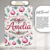 Watercolor Pink Christmas Baubles Pine Branch Berries Seamless  Personalised Custom Name Super Soft Fleece Blanket Bed Sofa Throw