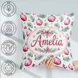 Custom Name Watercolor Pink Baubles Pine Branch Berries Seamless Square Filled Cushion Throw Pillow Sofa Bed Home Decor Zip Washable UK Made