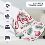 Watercolor Pink Christmas Baubles Pine Branch Berries Seamless  Personalised Custom Name Super Soft Fleece Blanket Bed Sofa Throw