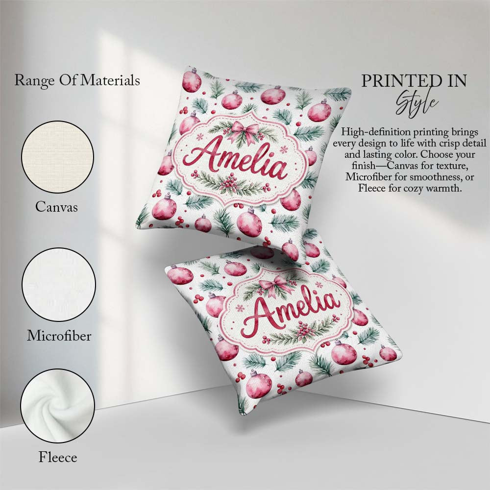 Custom Name Watercolor Pink Baubles Pine Branch Berries Seamless Square Filled Cushion Throw Pillow Sofa Bed Home Decor Zip Washable UK Made