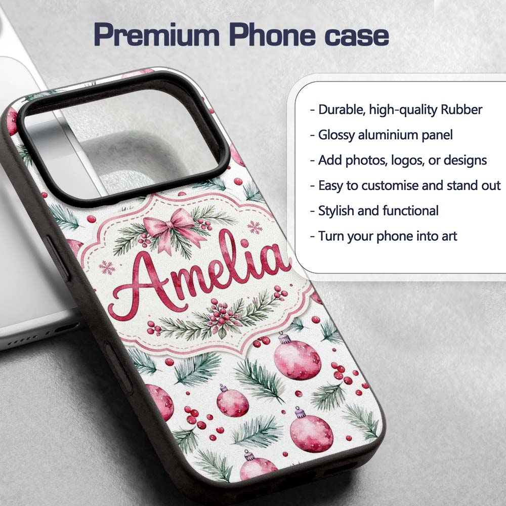 Watercolor Pink Christmas Baubles Pine Branch Custom Name Protective Phone Case Mobile Cover Durable Everyday Smartphone Shock Resistant
