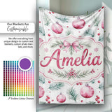 Watercolor Pink Christmas Baubles Pine Branch Berries Seamless  Personalised Custom Name Super Soft Fleece Blanket Bed Sofa Throw