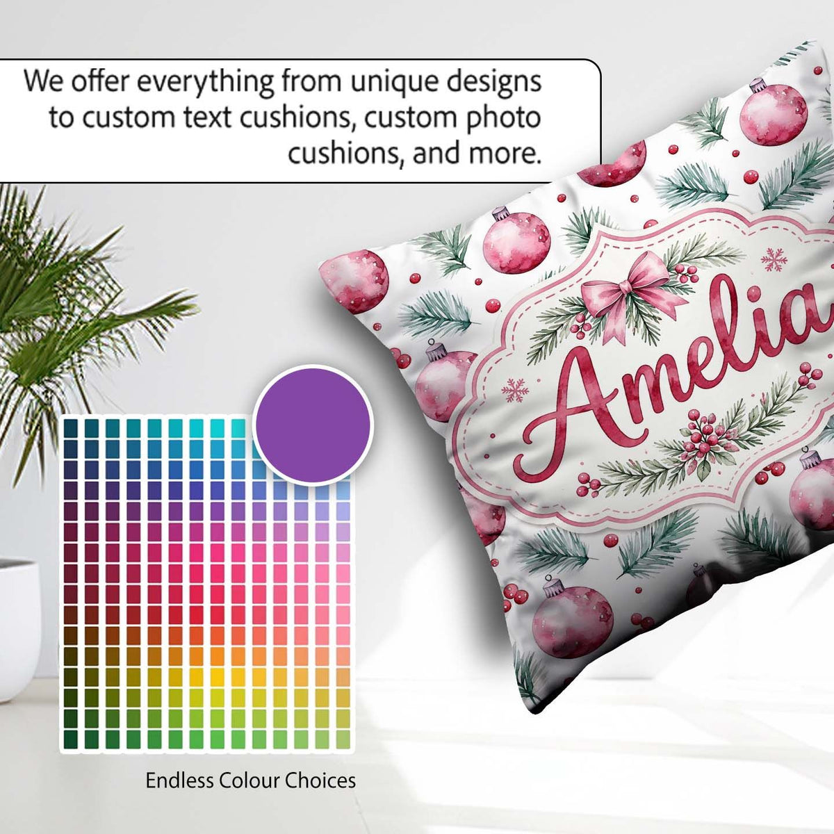 Custom Name Watercolor Pink Baubles Pine Branch Berries Seamless Square Filled Cushion Throw Pillow Sofa Bed Home Decor Zip Washable UK Made